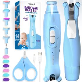 Blue Baby Nail Trimmer Electric Rechargeable Baby Nail Clippers Electric w Led Light for Newborn Infant Toddler Kids Baby Manicure Fingernail Care Set